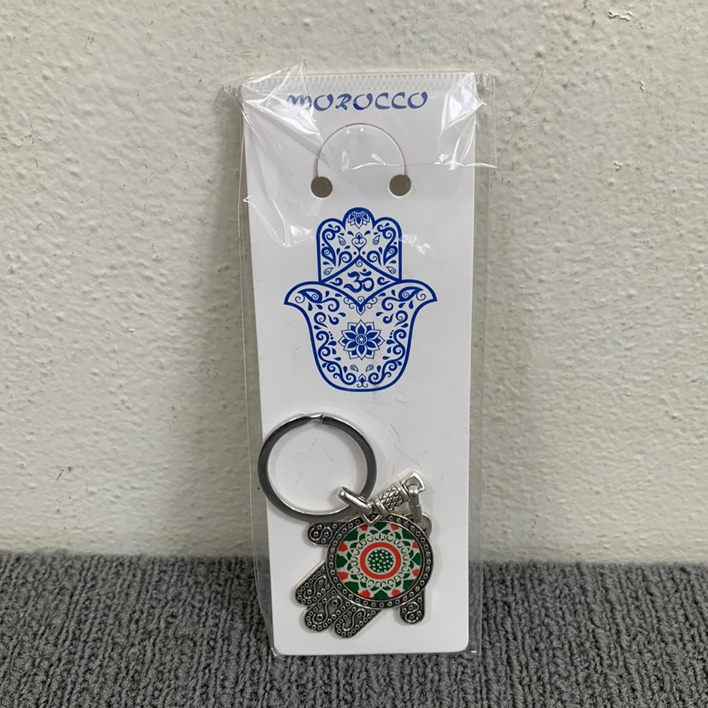 Morocco Hamsa Keychain Green Red Moroccan Tile Silver Hand of Fatima Protection